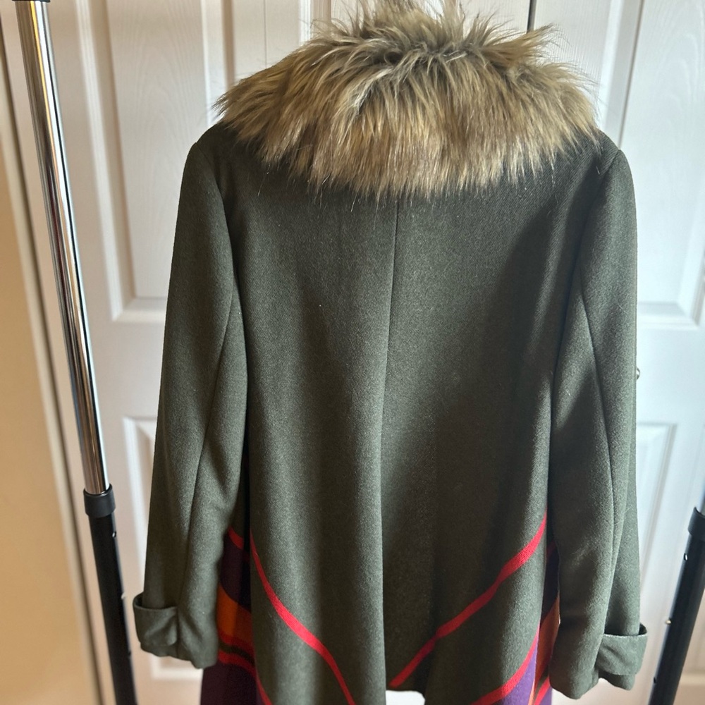 Olive Green Knit Sweater Coat with Faux Fur Collar - Women's - Picture 3 of 4